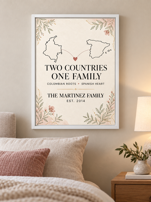 Personalized heritage canvas example connecting Colombia and Spain maps