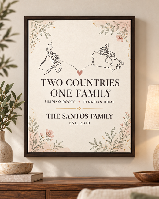 Personalized heritage canvas example connecting Philippines and Canada maps