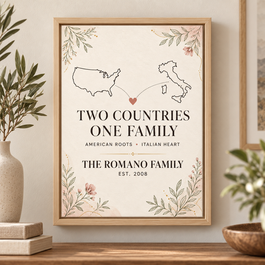 Personalized heritage canvas example connecting United States and Italy maps