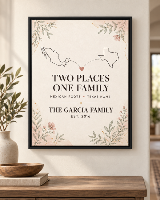 Personalized heritage canvas example connecting Mexico and Texas maps