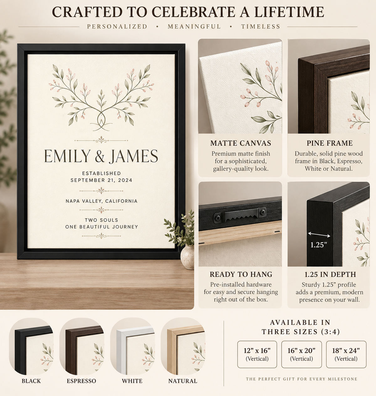 Matte wedding canvas pine frame ready to hang with 1.25 inch depth