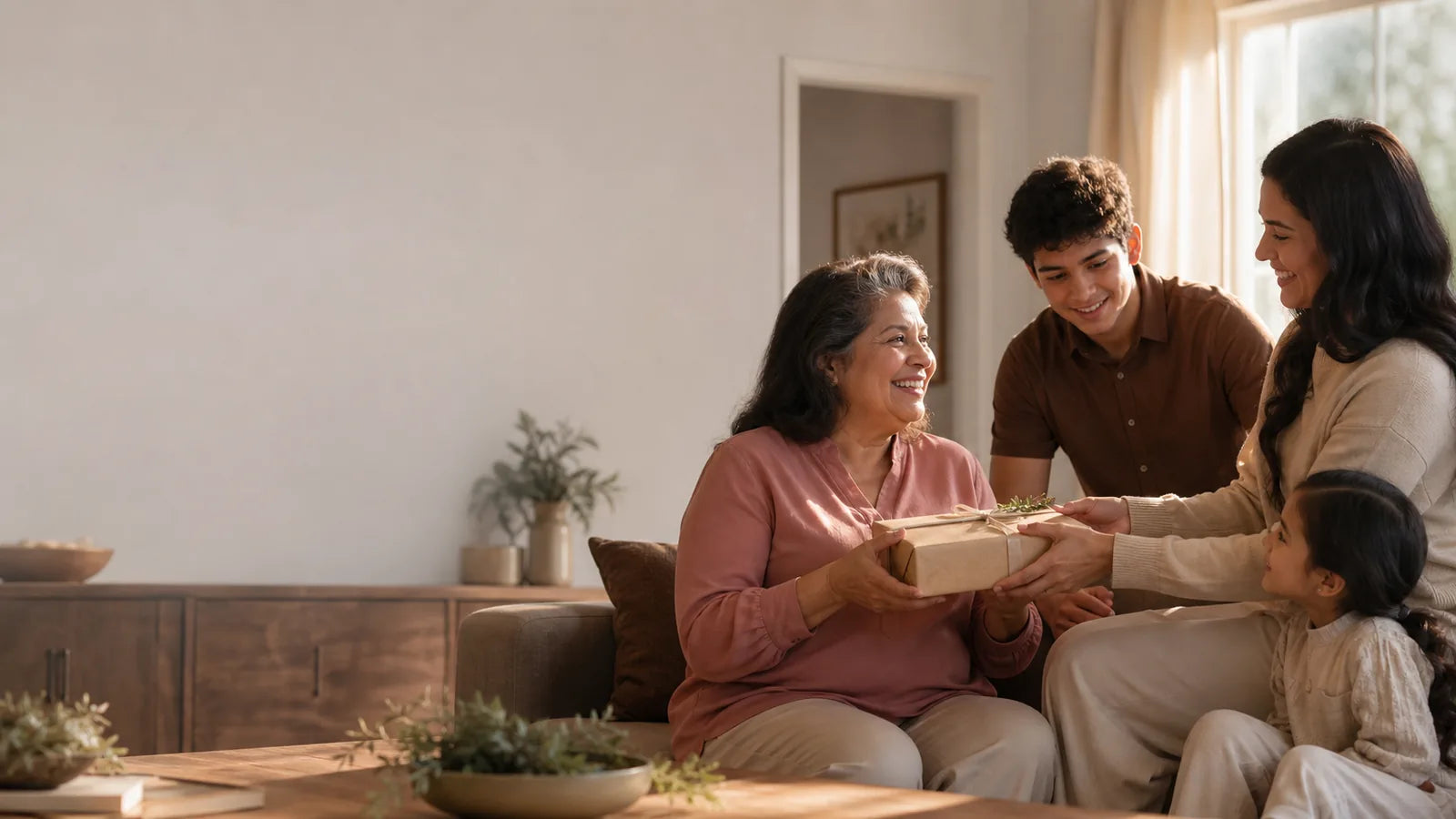 A family sharing a meaningful gifting moment